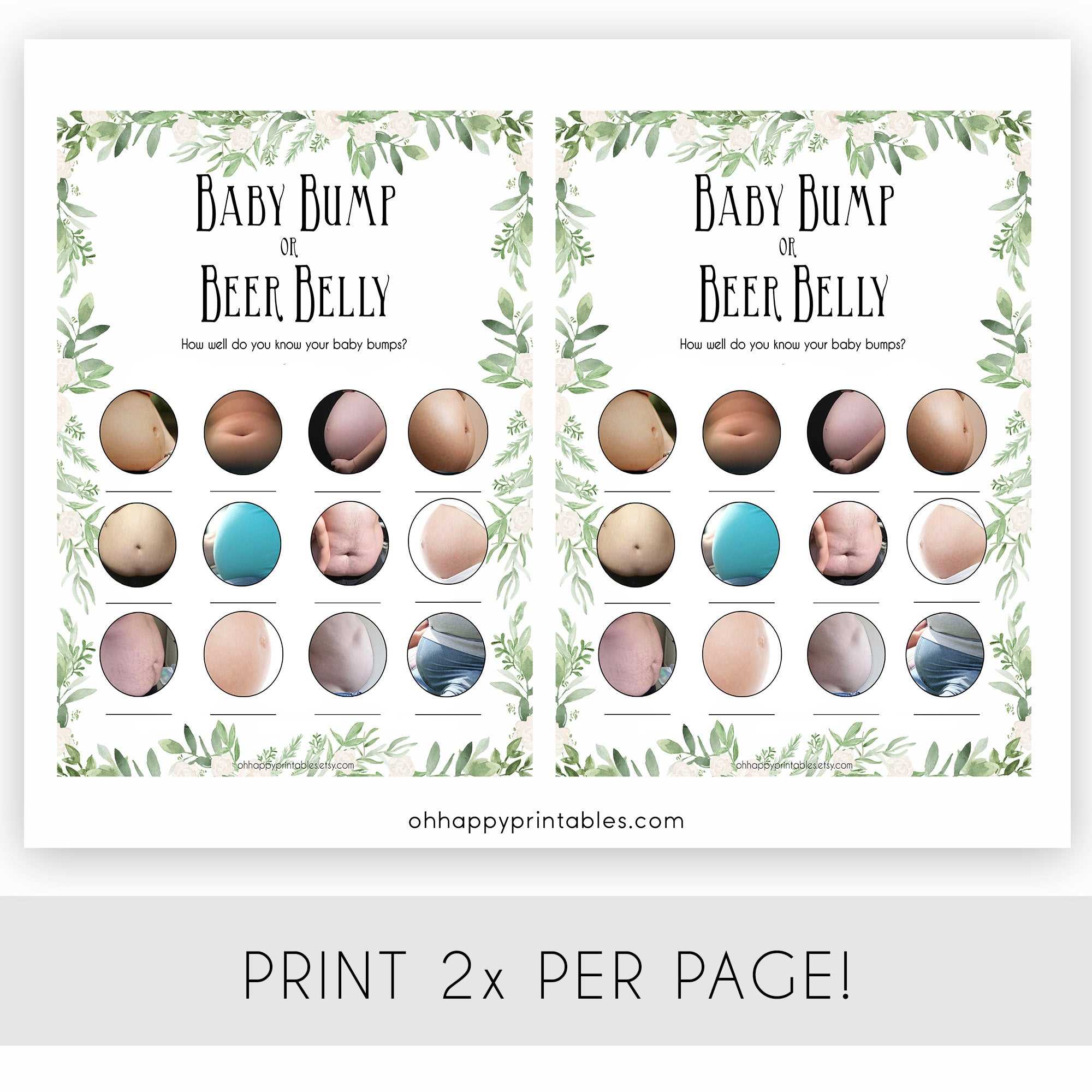 labor or porn, baby bump or beer belly, boobs or butts game, Printable baby shower games, greenery baby shower games, fun floral baby games, botanical baby shower games,