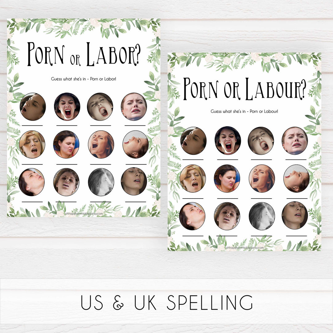 labor or porn, baby bump or beer belly, boobs or butts game, Printable baby shower games, greenery baby shower games, fun floral baby games, botanical baby shower games,