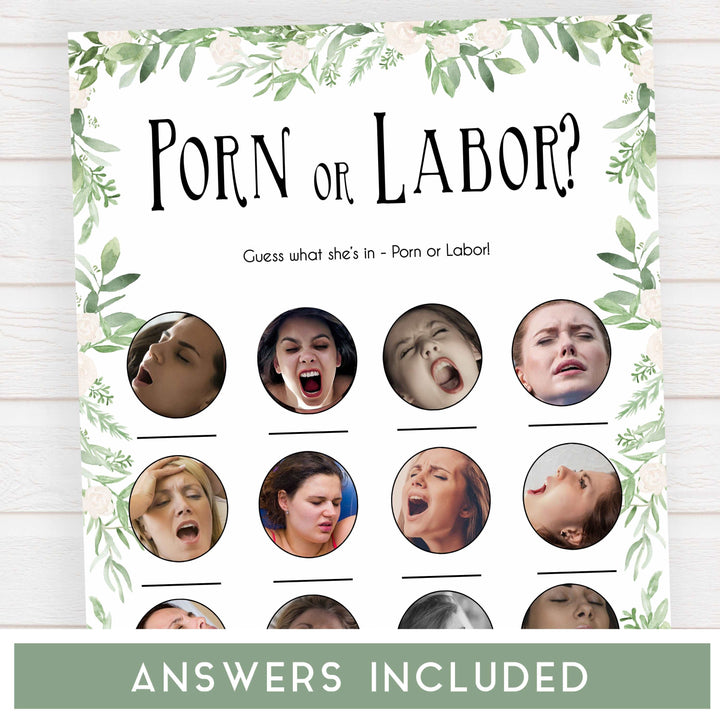 labor or porn, baby bump or beer belly, boobs or butts game, Printable baby shower games, greenery baby shower games, fun floral baby games, botanical baby shower games,