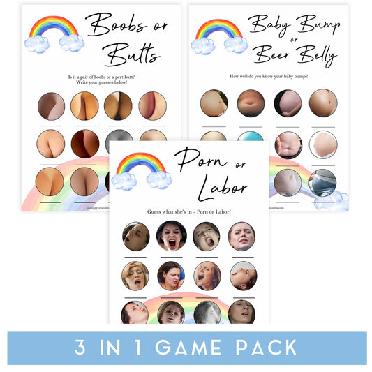 rainbow baby shower games, labor or porn, boobs or butts, baby bump or beer belly game, printable baby games, fun baby games
