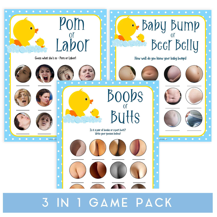 rubber ducky baby shower, labor or porn, baby bump beer game, boobs or butts, printable baby games, fun baby games. top baby shower ideas