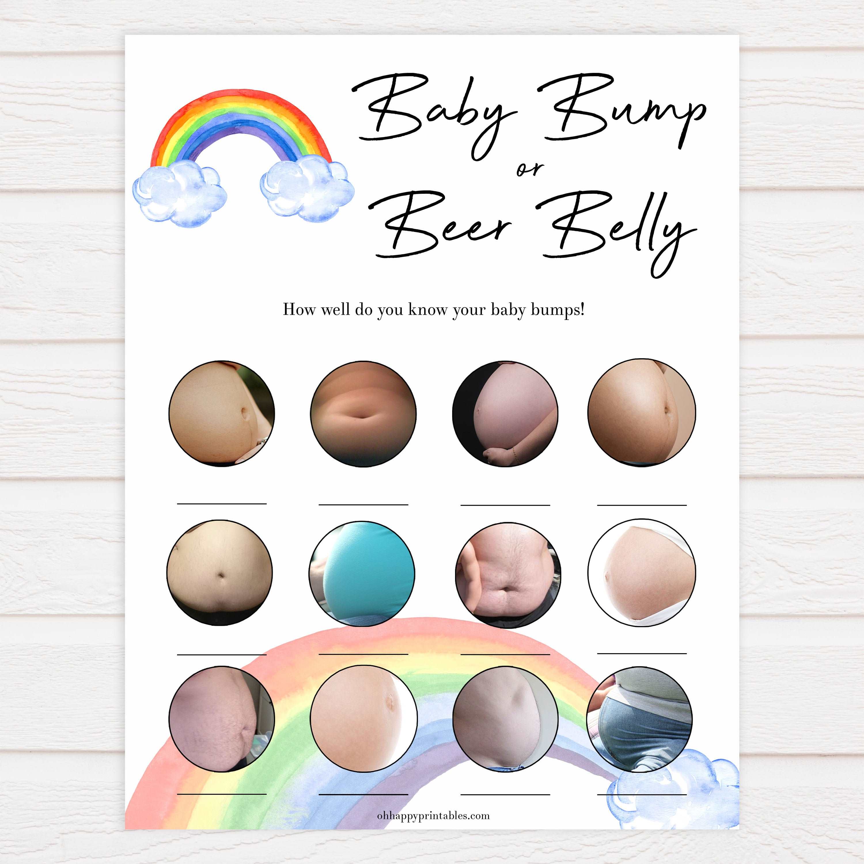 rainbow baby shower games, labor or porn, boobs or butts, baby bump or beer belly game, printable baby games, fun baby games