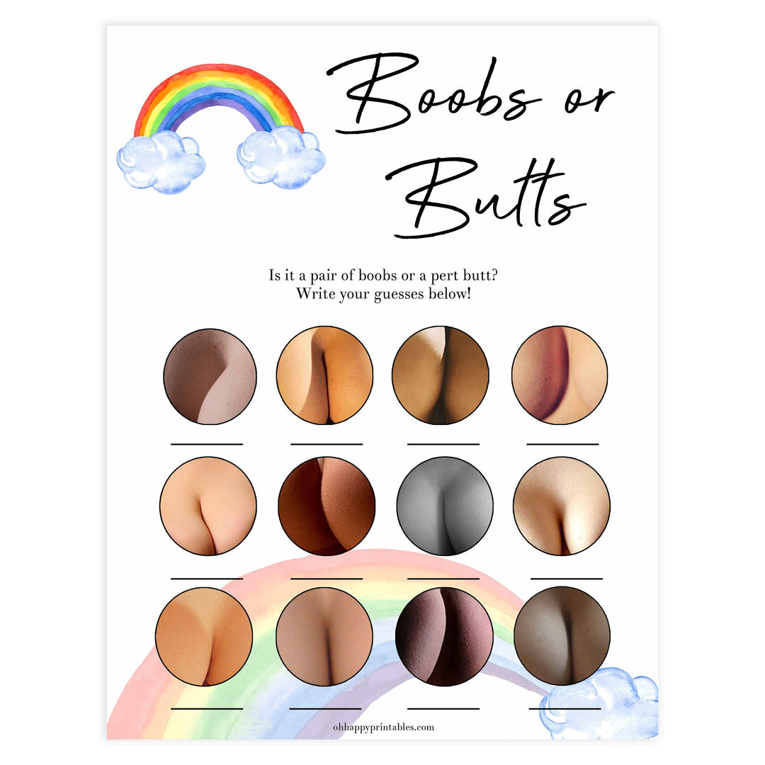 rainbow baby shower games, labor or porn, boobs or butts, baby bump or beer belly game, printable baby games, fun baby games