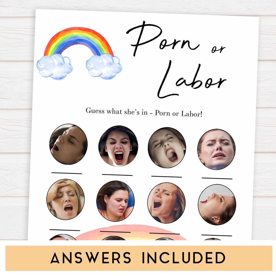 rainbow baby shower games, labor or porn, boobs or butts, baby bump or beer belly game, printable baby games, fun baby games