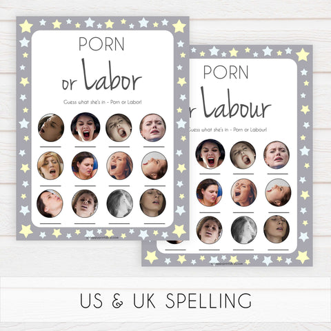 grey & yellow stars printable baby games, labor or porn, baby bump or beer belly, boobs or butts baby game, fun baby games, top baby games