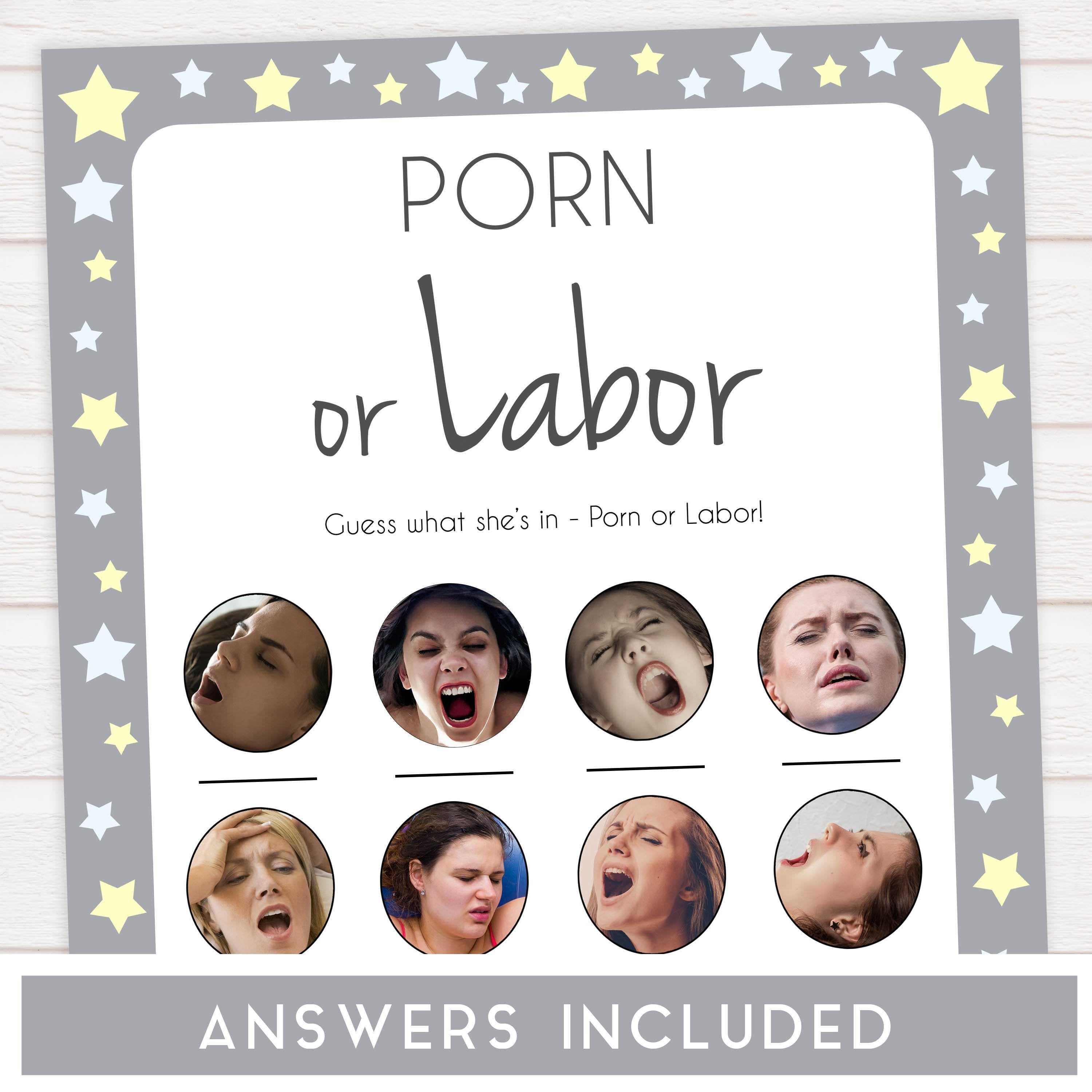 grey & yellow stars printable baby games, labor or porn, baby bump or beer belly, boobs or butts baby game, fun baby games, top baby games