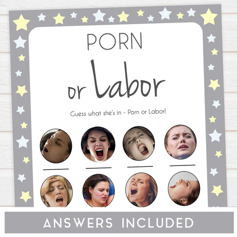 grey & yellow stars printable baby games, labor or porn, baby bump or beer belly, boobs or butts baby game, fun baby games, top baby games