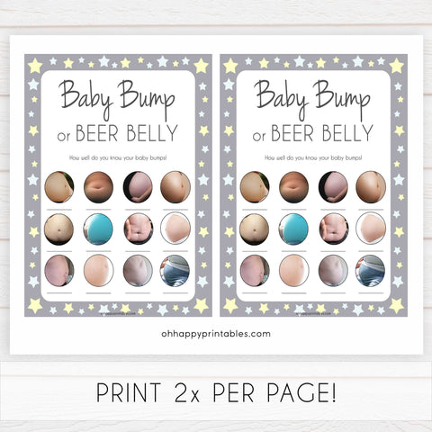 grey & yellow stars printable baby games, labor or porn, baby bump or beer belly, boobs or butts baby game, fun baby games, top baby games