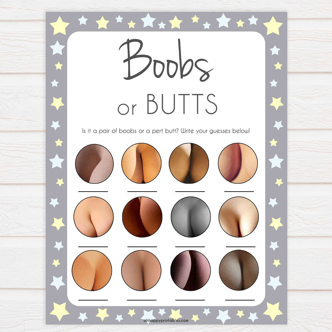 grey & yellow stars printable baby games, labor or porn, baby bump or beer belly, boobs or butts baby game, fun baby games, top baby games