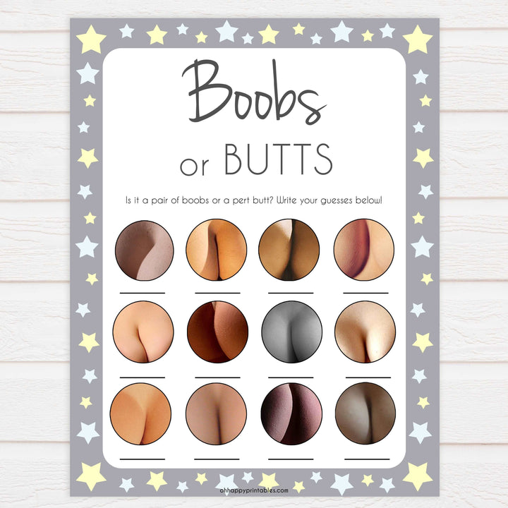 grey & yellow stars printable baby games, labor or porn, baby bump or beer belly, boobs or butts baby game, fun baby games, top baby games