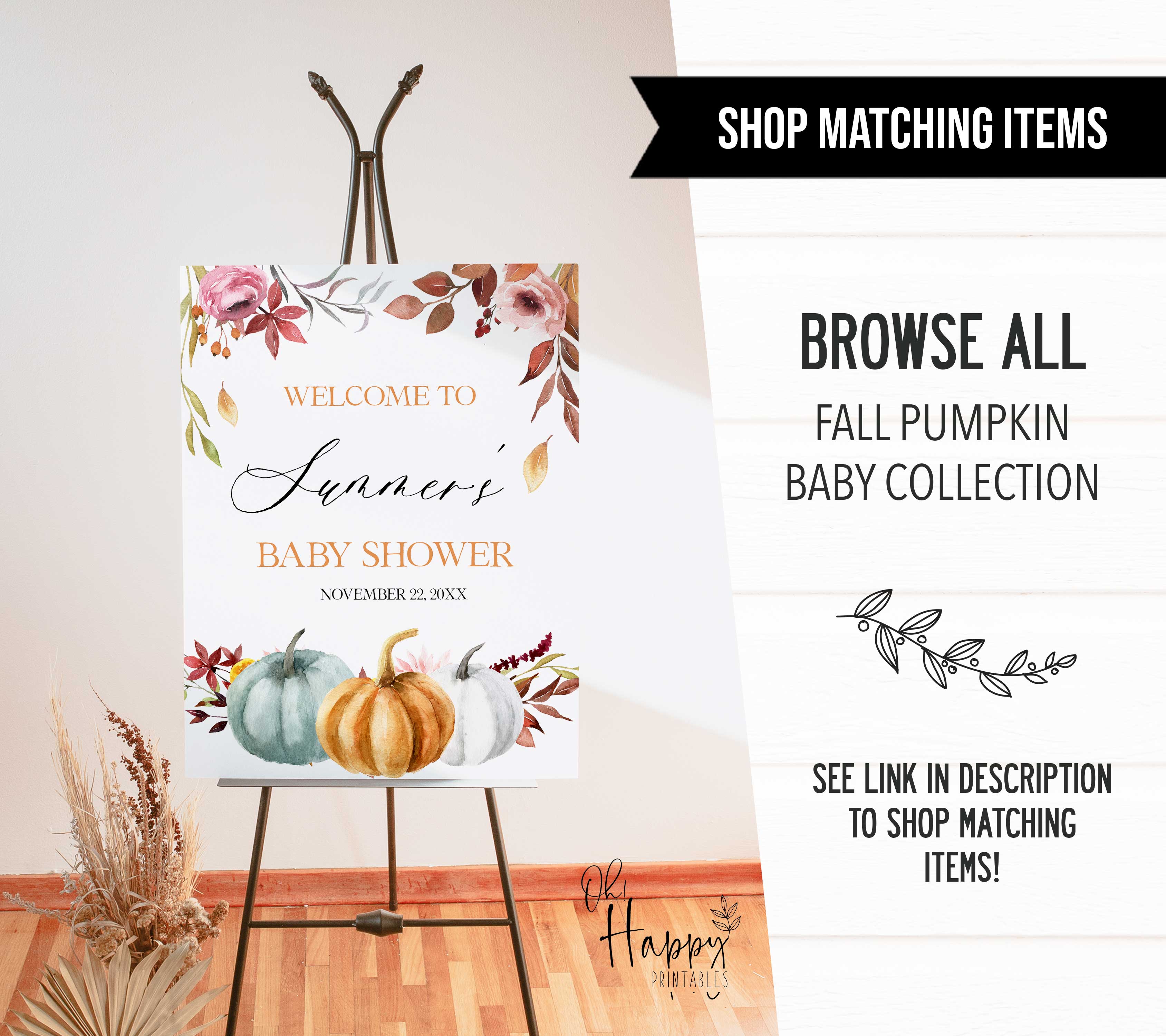 Fully editable and printable baby shower nursery rhyme quiz game with a fall pumpkin design. Perfect for a Fall Pumpkin baby shower themed party