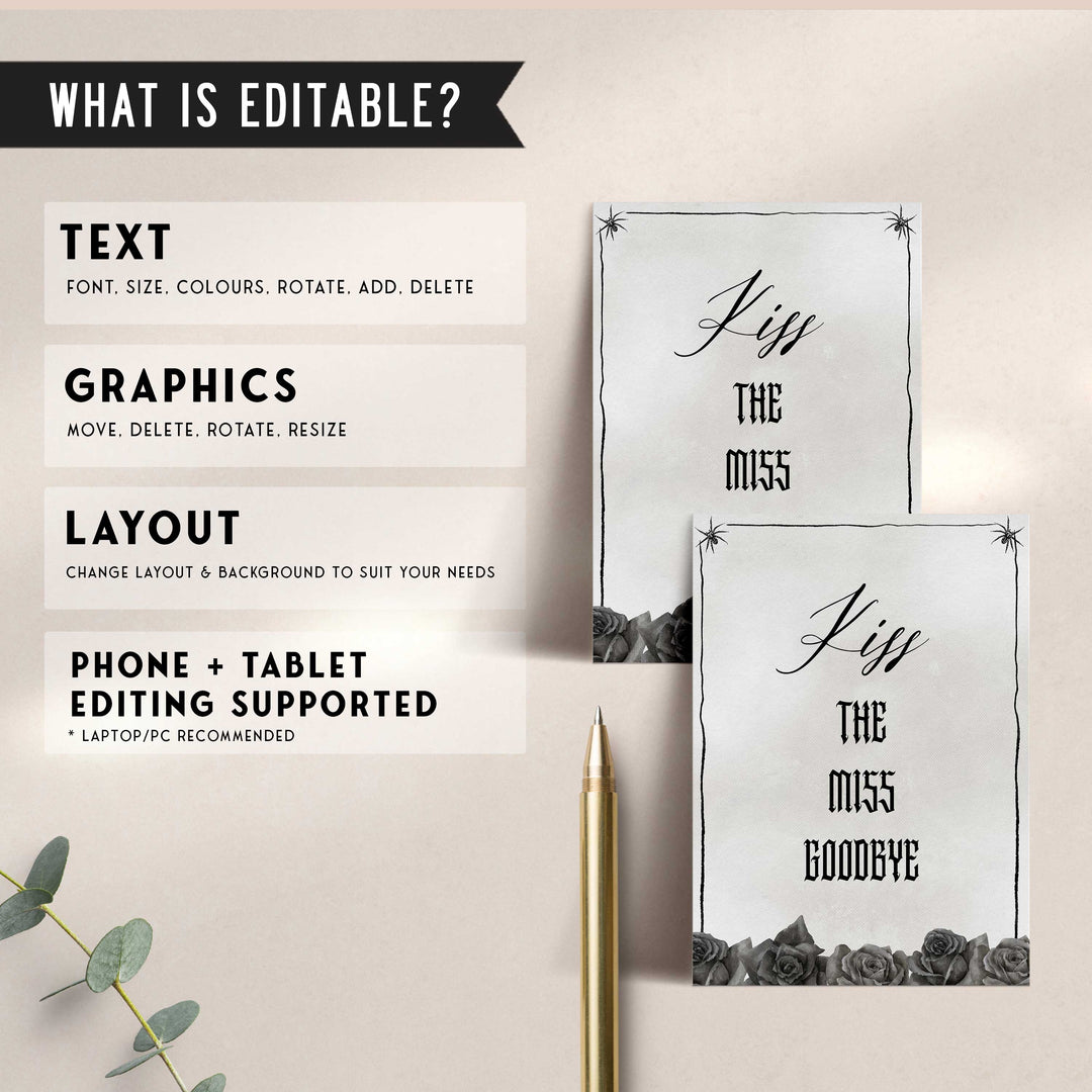 Fully editable and printable bridal shower kiss the miss goodbye game with a gothic design. Perfect for a Bride or Die or Death Us To Party bridal shower themed party