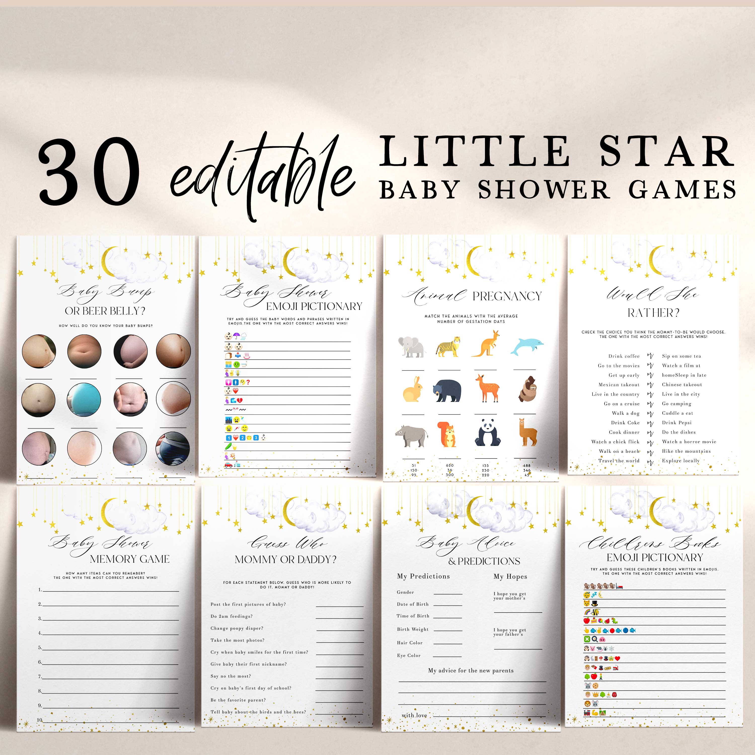 Fully editable and printable 30 baby shower games with a little star design. Perfect for a Twinkle Little Star baby shower themed party