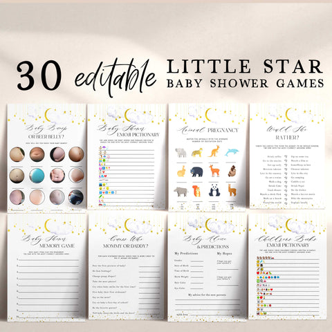 Fully editable and printable 30 baby shower games with a little star design. Perfect for a Twinkle Little Star baby shower themed party