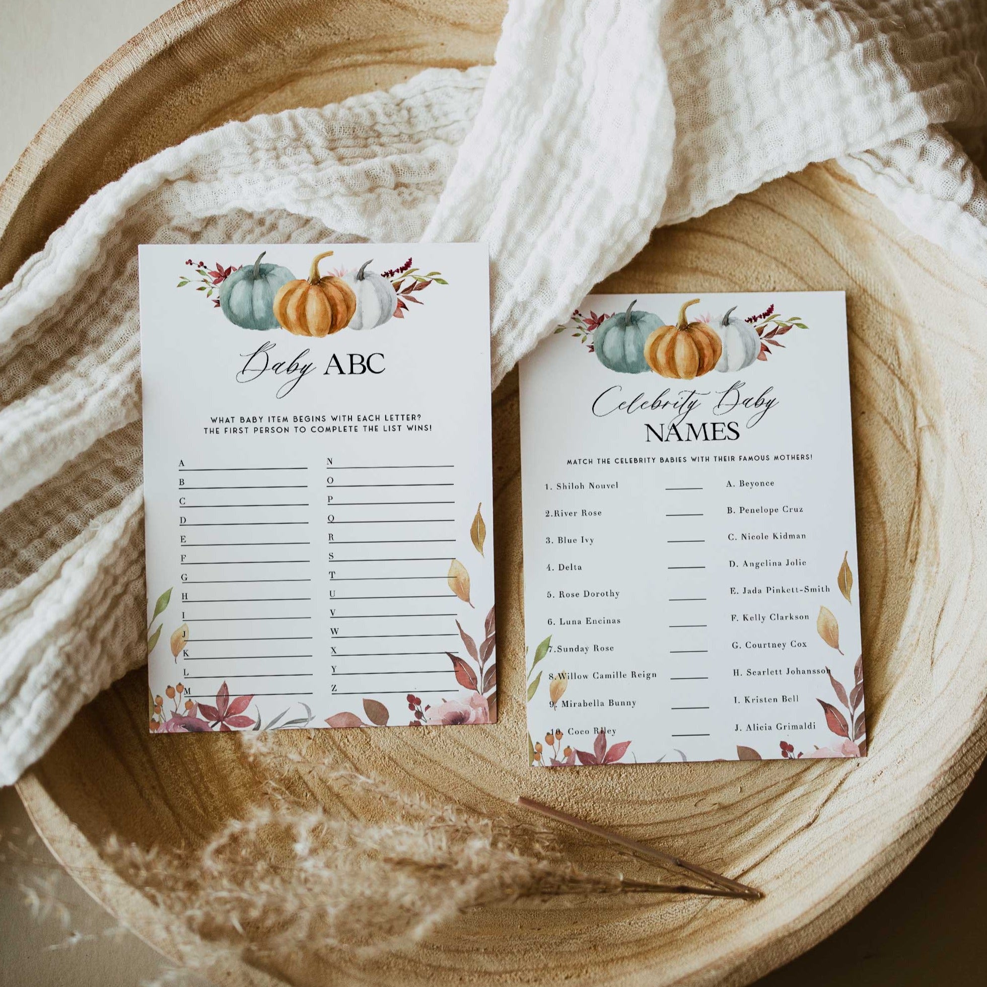 Fully editable and printable 60 baby shower games with a fall pumpkin design. Perfect for a Fall Pumpkin baby shower themed party