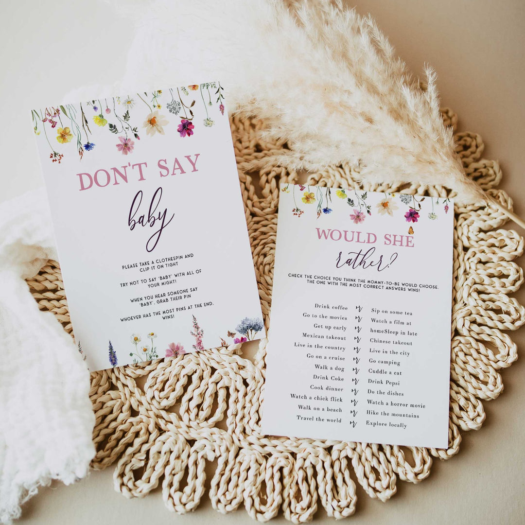 60 editable baby shower games, printable baby shower games, floral baby shower games, wild flowers baby shower games