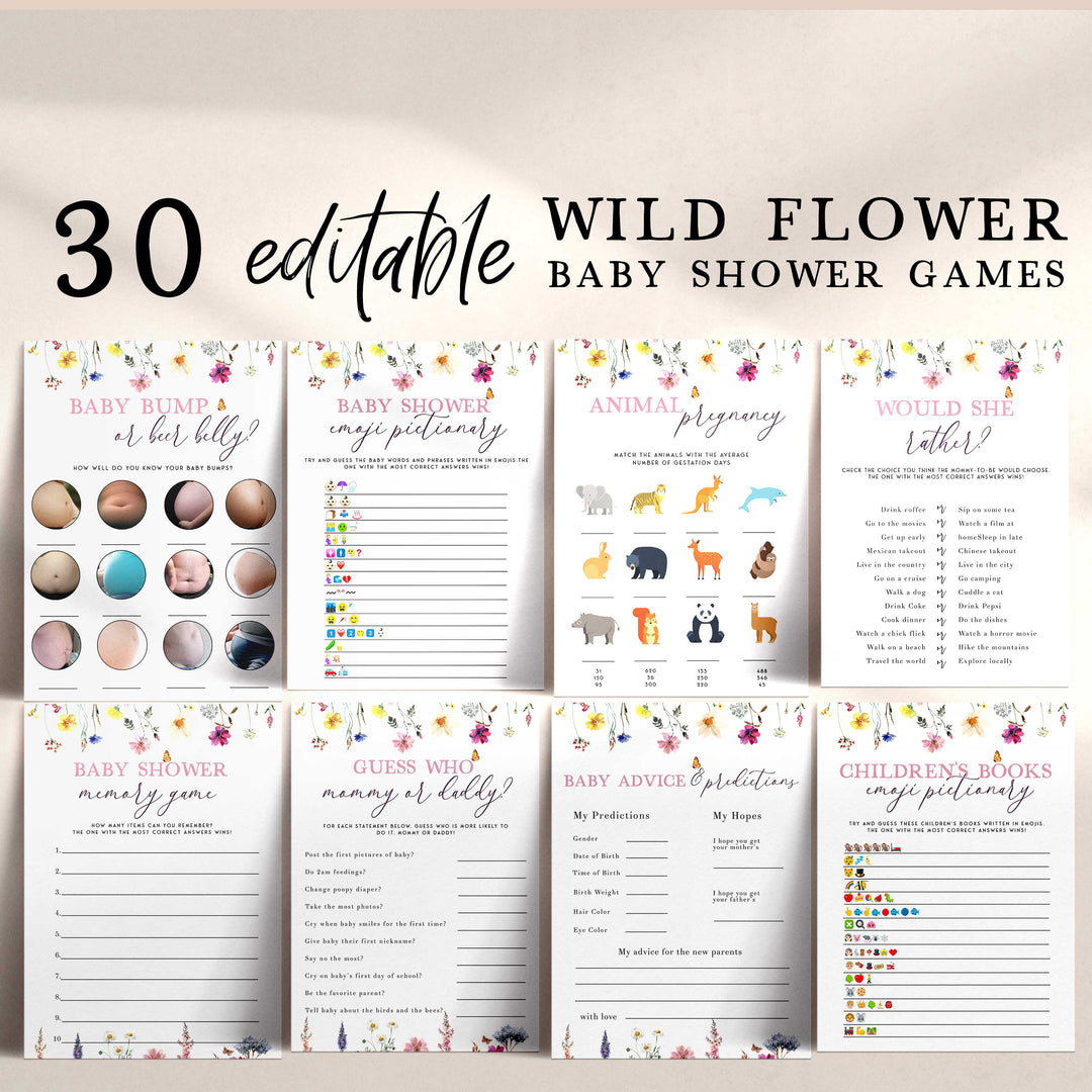 30 editable baby shower games, floral baby shower games, modern baby shower games, baby shower games bundle, best baby shower games, simple baby shower games