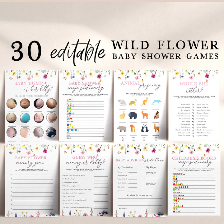 30 editable baby shower games, floral baby shower games, modern baby shower games, baby shower games bundle, best baby shower games, simple baby shower games