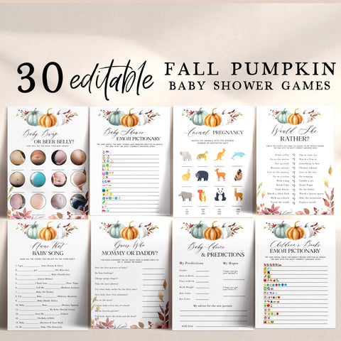 Fully editable and printable baby shower 30 games bundle with a fall pumpkin design. Perfect for a Fall Pumpkin baby shower themed party