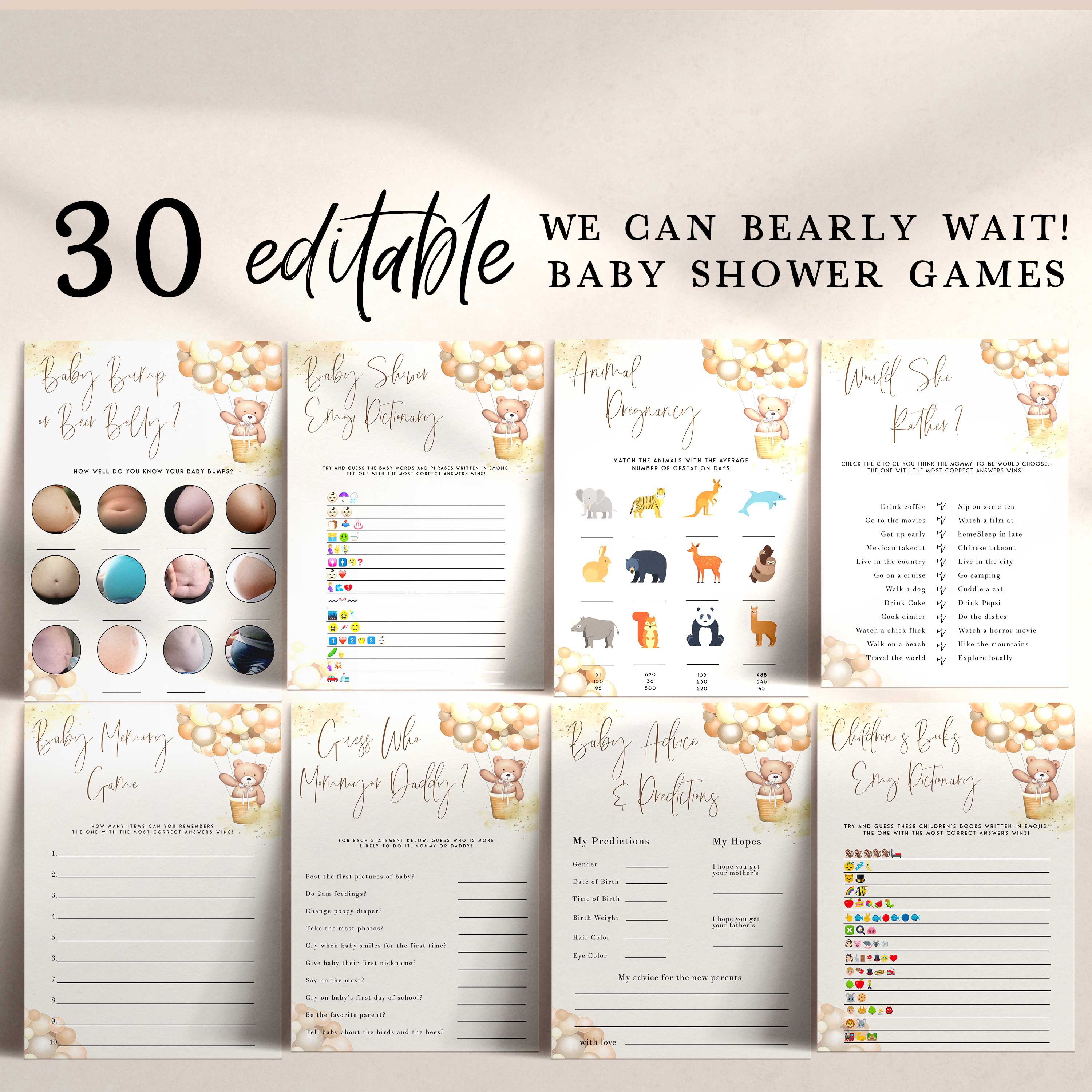 30 editable baby shower games, printable baby shower games, we can bearly wait baby showers, best baby games, popular baby shower games, teddy bear baby shower