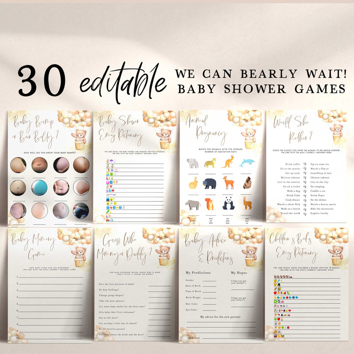 30 editable baby shower games, printable baby shower games, we can bearly wait baby showers, best baby games, popular baby shower games, teddy bear baby shower