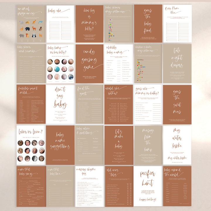 editable baby shower games, editable baby shower ideas, terracotta baby shower, terracotta baby shower ideas