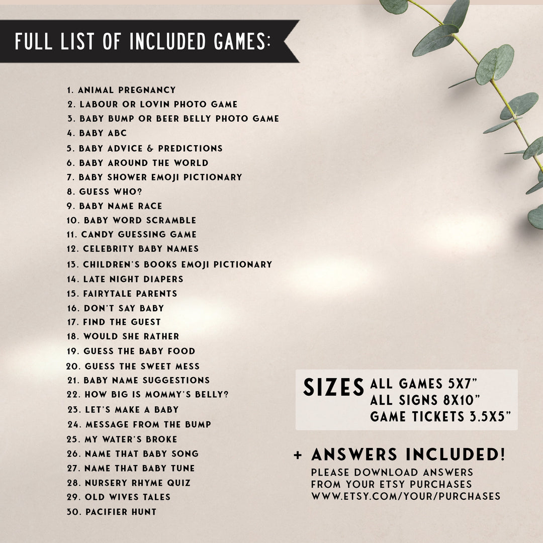 Fully editable and printable baby shower 30 games bundle with a fall pumpkin design. Perfect for a Fall Pumpkin baby shower themed party