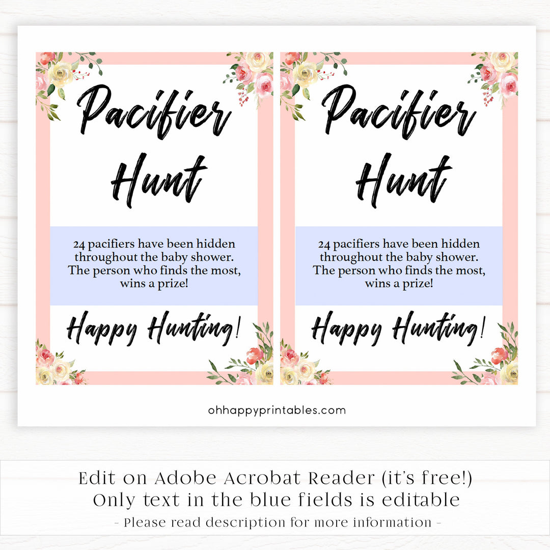 pacifier hunt game, pacifier hunt, Printable baby shower games, floral fun baby games, baby shower games, fun baby shower ideas, top baby shower ideas, floral baby shower, blue baby shower ideas