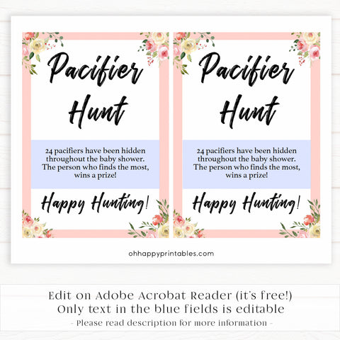 pacifier hunt game, pacifier hunt, Printable baby shower games, floral fun baby games, baby shower games, fun baby shower ideas, top baby shower ideas, floral baby shower, blue baby shower ideas