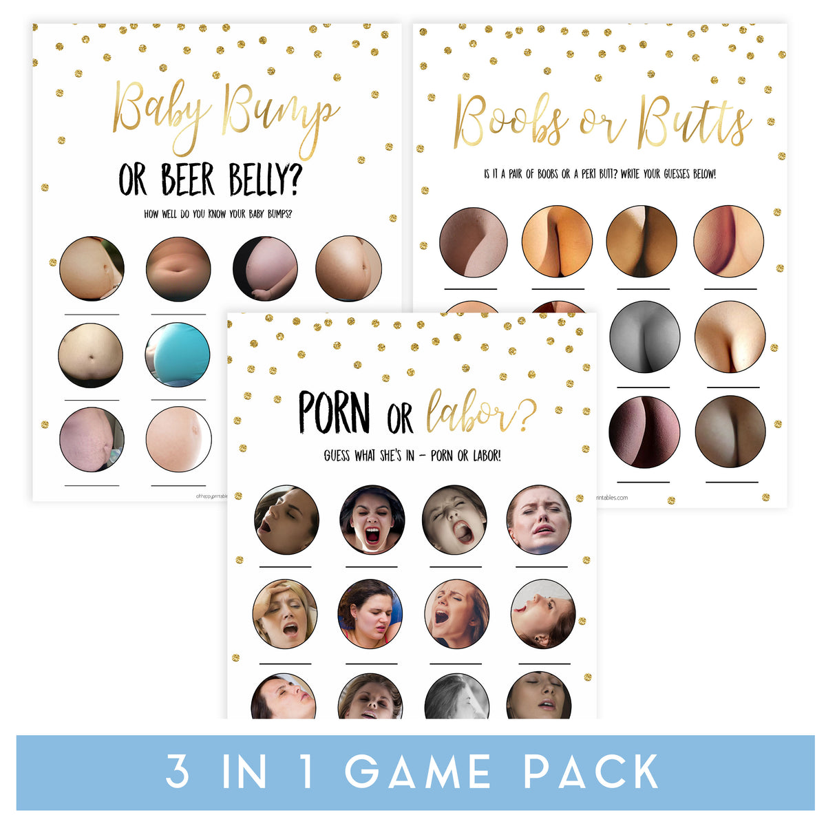 gold glitter baby games, printable baby games, labor or porn game, baby bump or beer belly game, boobs or butts game, top baby games, fun baby shower games