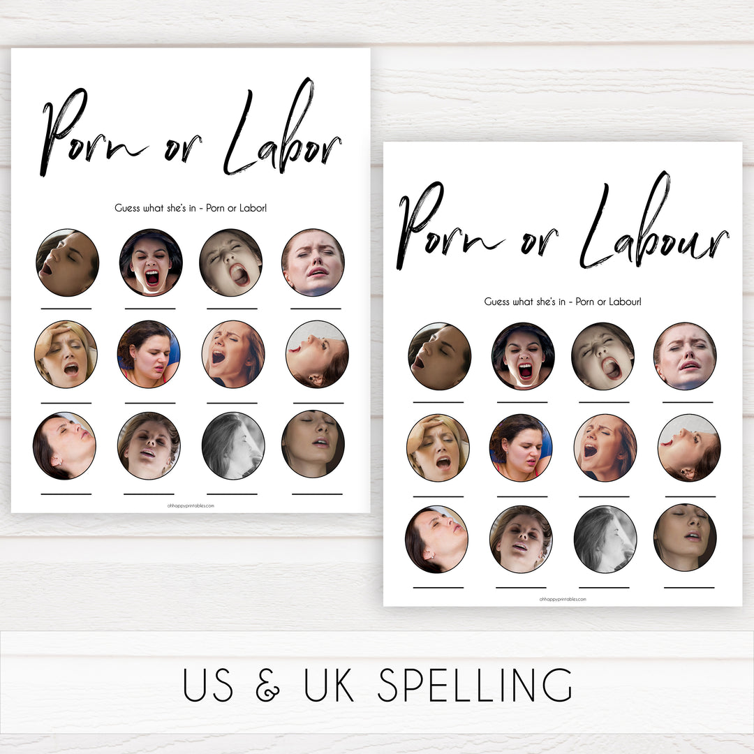 labor or porn, baby bump, boobs or butts game, printable baby shower games, gender neutral baby shower ideas, fun baby game ideas