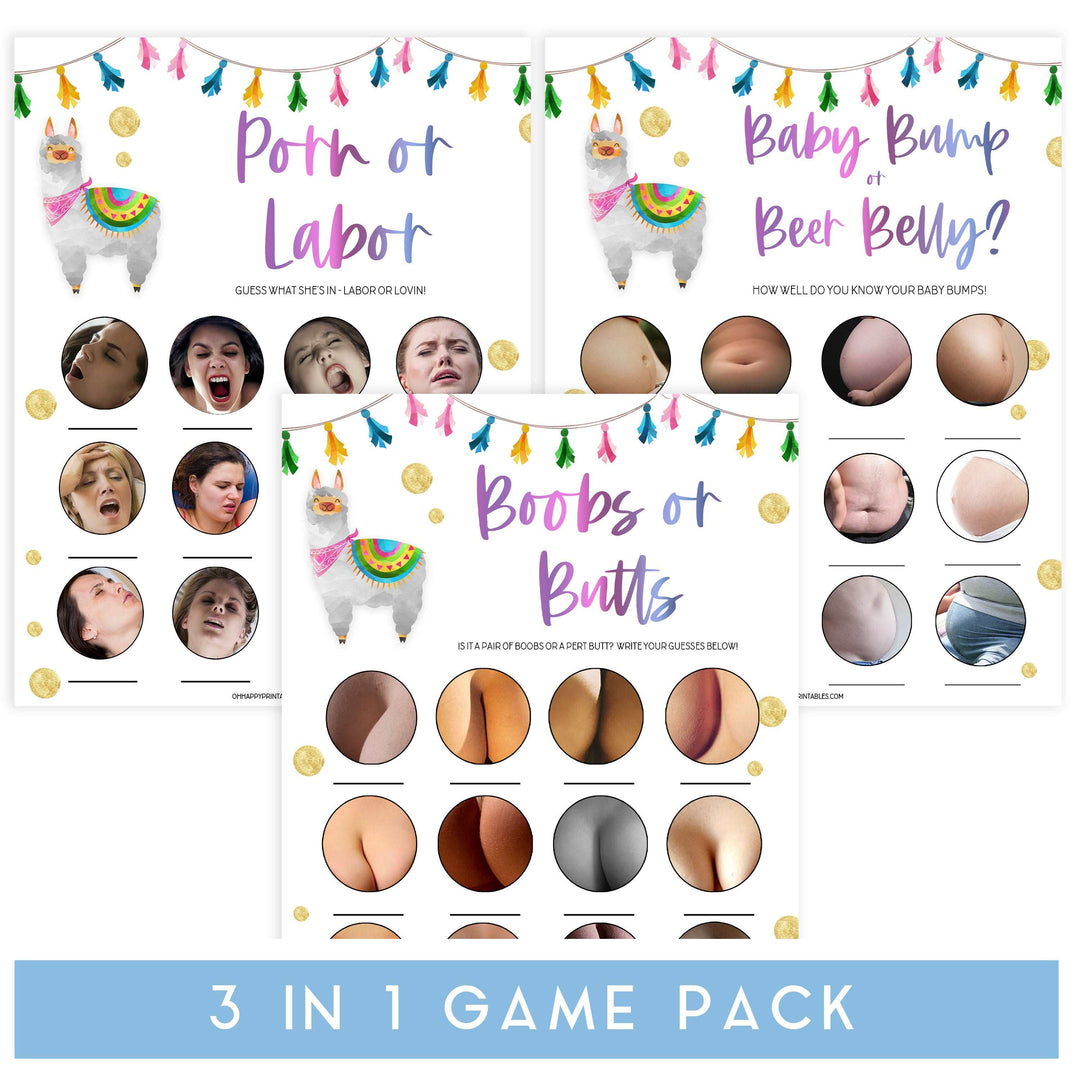 porn or labor, baby bump or beer belly, boobs or butts, Printable baby shower games, llama fiesta fun baby games, baby shower games, fun baby shower ideas, top baby shower ideas, Llama fiesta shower baby shower, fiesta baby shower ideas