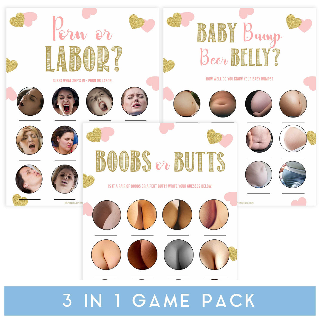 porn or labor, baby bump or beer belly, boobs or butts baby games, Printable baby shower games, large pink hearts fun baby games, baby shower games, fun baby shower ideas, top baby shower ideas, gold pink hearts shower baby shower, pink hearts baby shower ideas