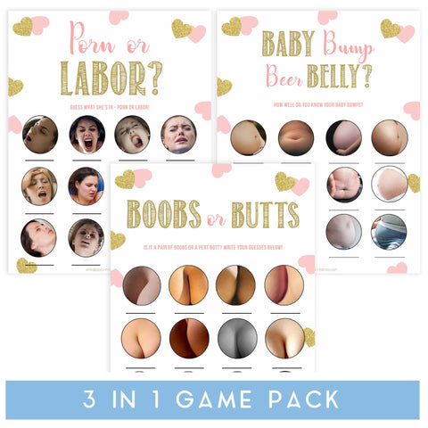porn or labor, baby bump or beer belly, boobs or butts baby games, Printable baby shower games, large pink hearts fun baby games, baby shower games, fun baby shower ideas, top baby shower ideas, gold pink hearts shower baby shower, pink hearts baby shower ideas