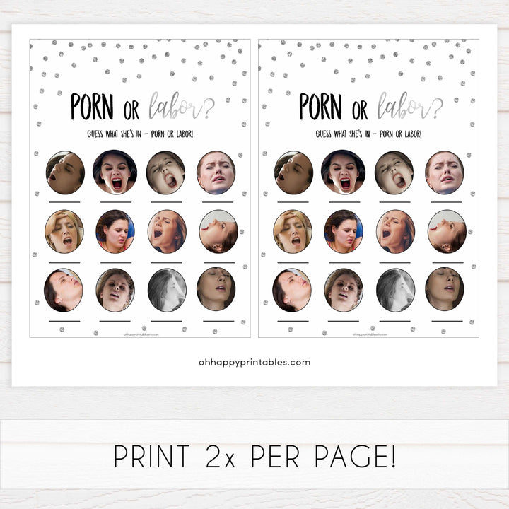 labor or porn, baby bump or beer belly, boobs or butts game, Printable baby shower games, baby silver glitter fun baby games, baby shower games, fun baby shower ideas, top baby shower ideas, silver glitter shower baby shower, friends baby shower ideas