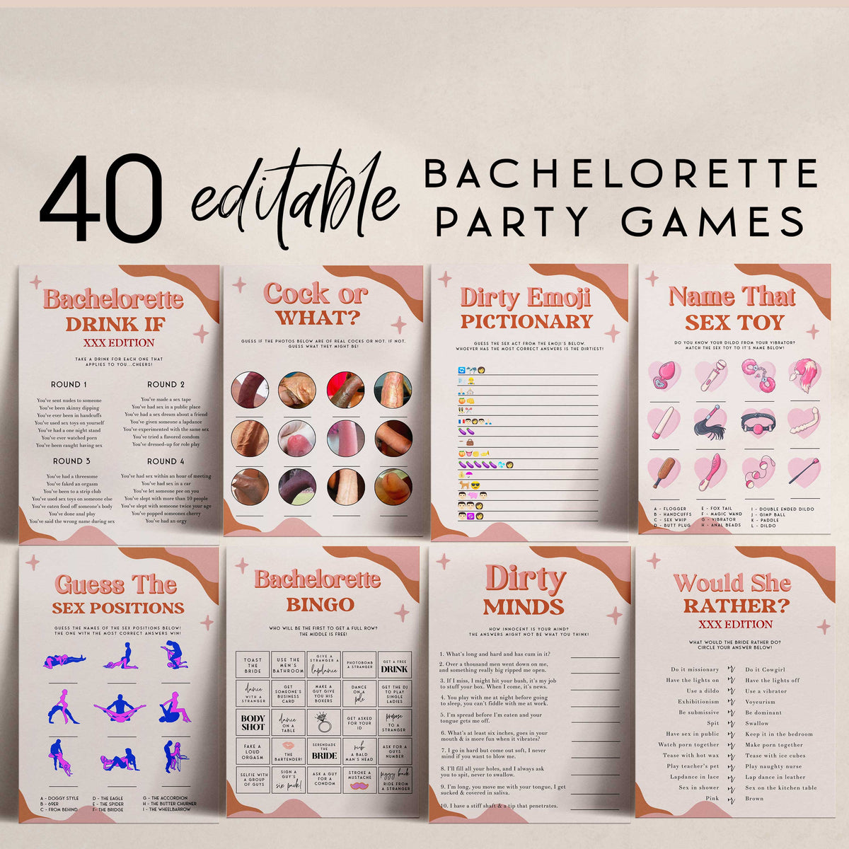RETRO 40 Bachelorette Games Bundle, Dirty Bachelorette Party Games, Retro 70s, Editable Template, Hen Party Games, Willy Game RS2