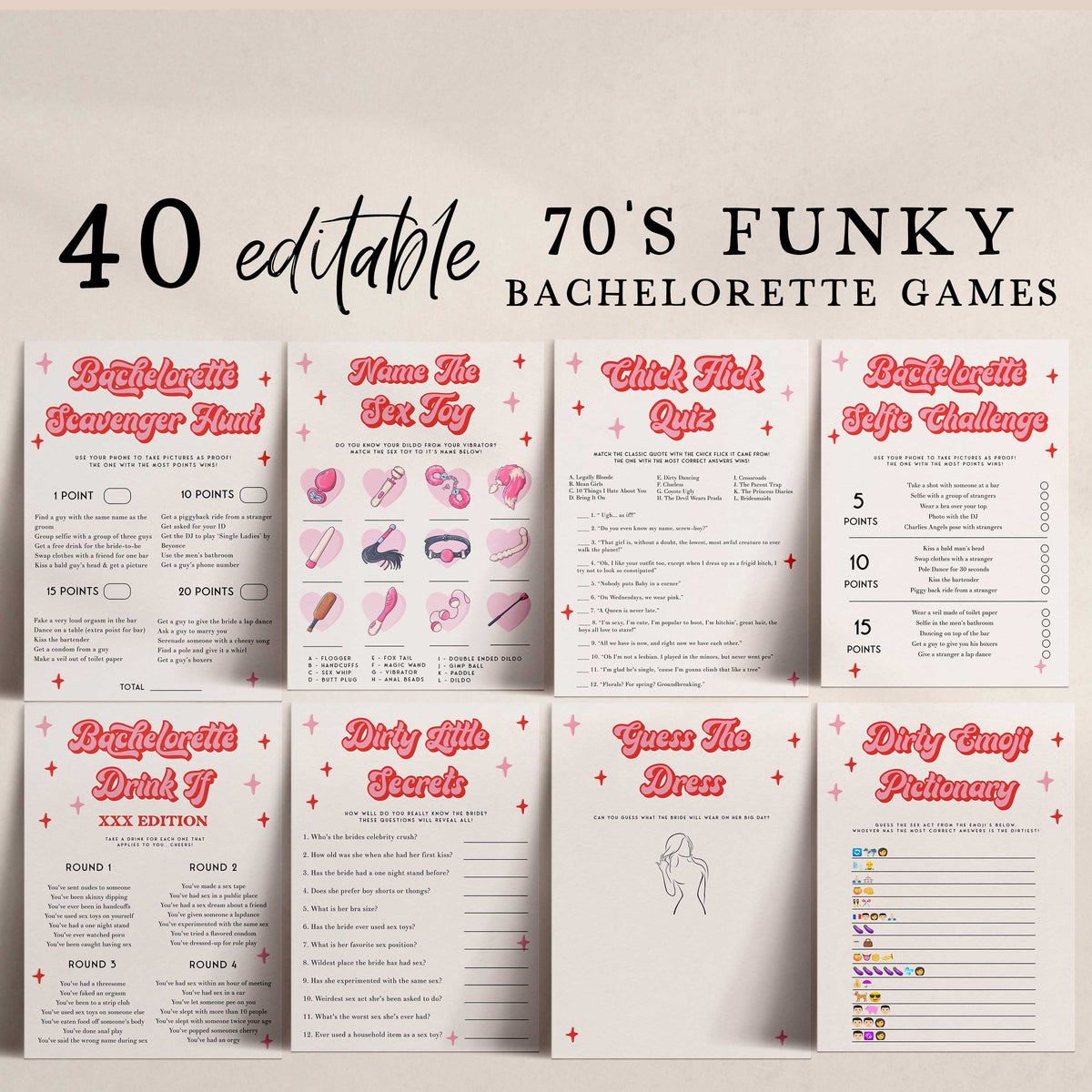 70s retro 40 editable bachelorette games including answers where applicable