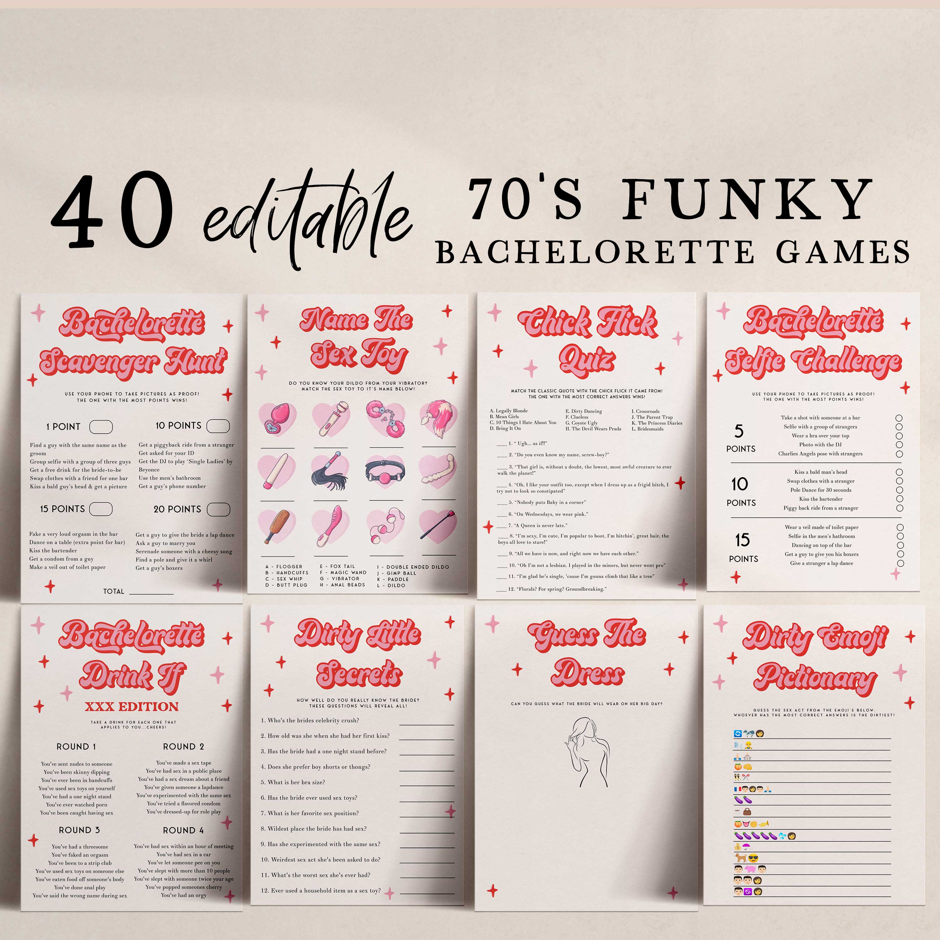 Retro 70s bachelorette party bundle including 40 editable games, invitations, and welcome signs