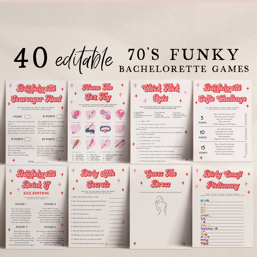 Retro 70s bachelorette party bundle including 40 editable games, invitations, and welcome signs