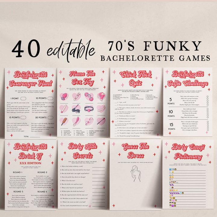 Retro 70s bachelorette party bundle including 40 editable games, invitations, and welcome signs