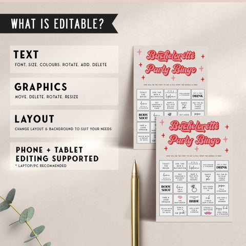 Retro 70s bachelorette party bundle including 40 editable games, invitations, and welcome signs