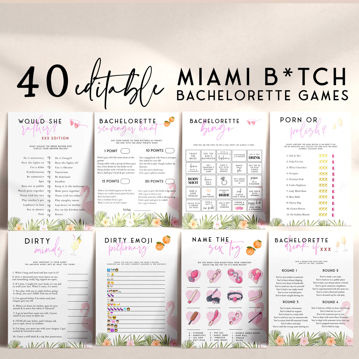 40 fully editable bachelorette games in a miami theme. Fun editable bachelorette party games. Very dirty bachelorette games