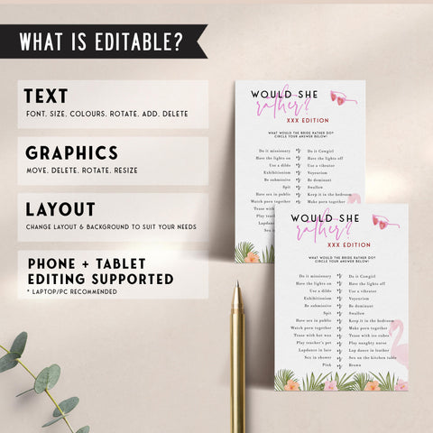 fully editable Miami themed bachelorette party bundle including 40 editable games, invitations, mobile invitations, signs, thank you tags and more