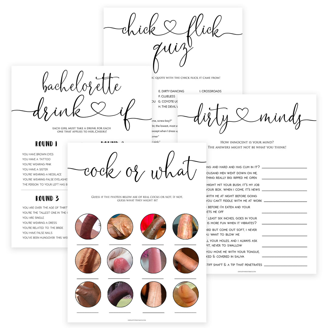 4 bachelorette games, naught bachelorette games, cock or what, drink if, dirty minds game, bachelorette games, bridal shower games