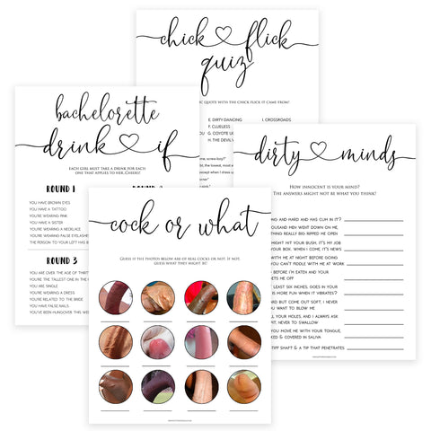 4 bachelorette games, naught bachelorette games, cock or what, drink if, dirty minds game, bachelorette games, bridal shower games