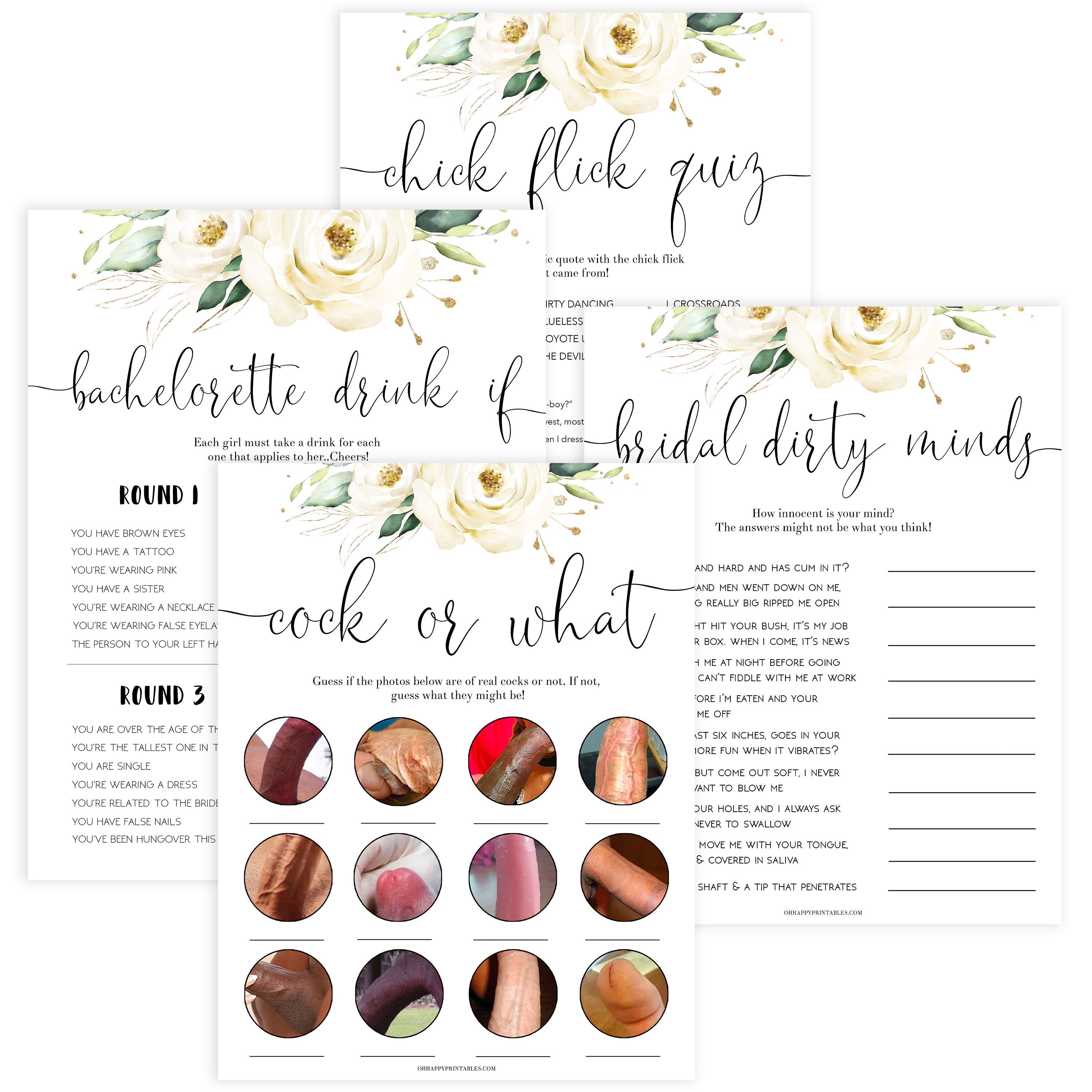 4 bachelorette games, naught bachelorette games, cock or what, drink if, dirty minds game, bachelorette games, bridal shower games, floral bridal games