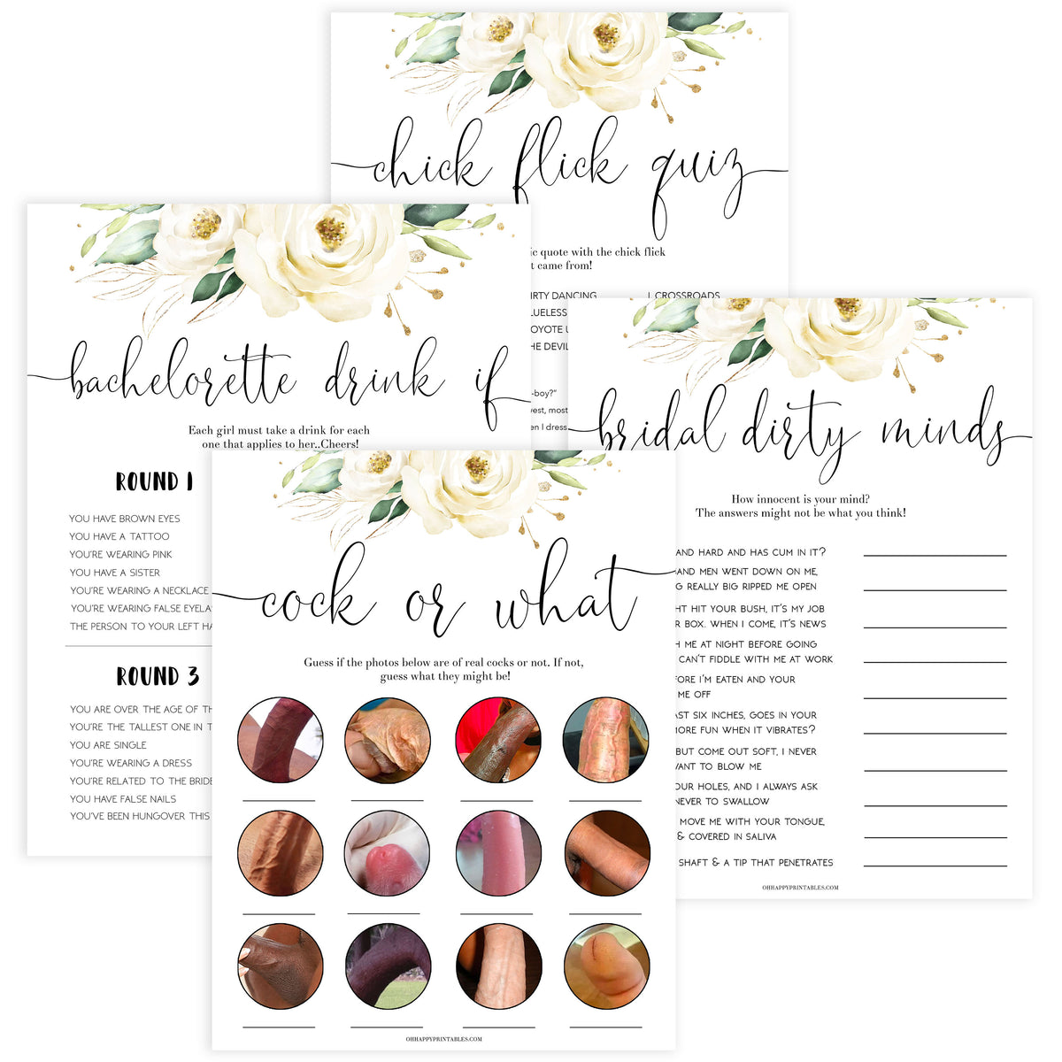4 bachelorette games, naught bachelorette games, cock or what, drink if, dirty minds game, bachelorette games, bridal shower games, floral bridal games