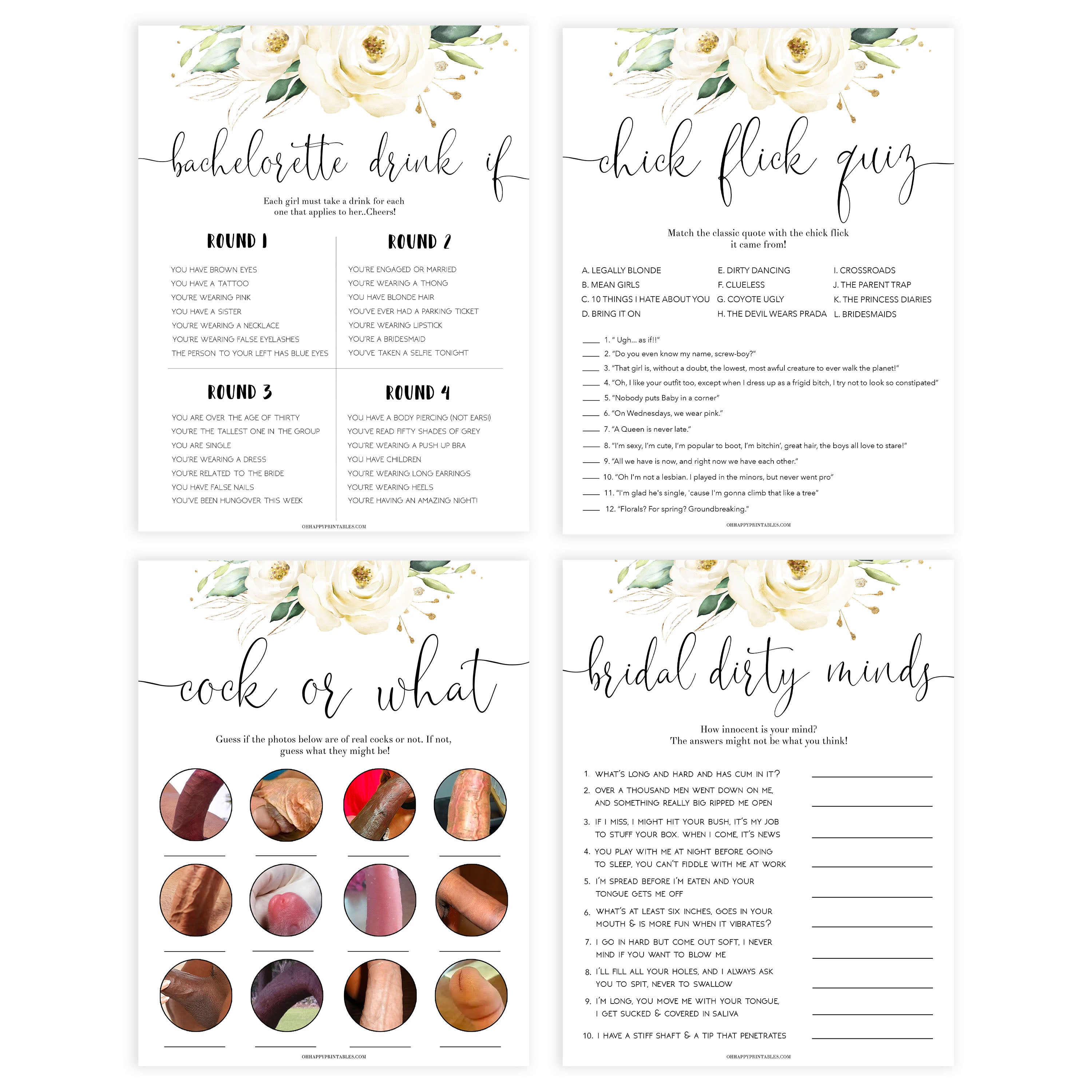 4 bachelorette games, naught bachelorette games, cock or what, drink if, dirty minds game, bachelorette games, bridal shower games, floral bridal games