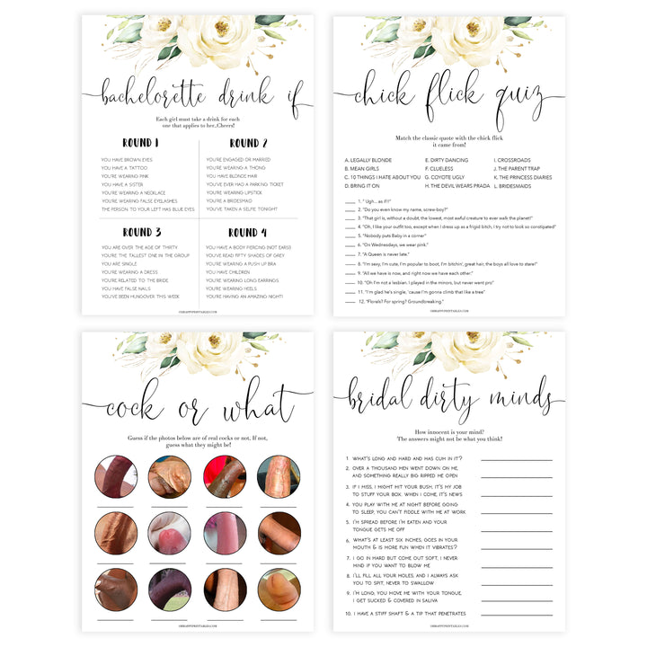 4 bachelorette games, naught bachelorette games, cock or what, drink if, dirty minds game, bachelorette games, bridal shower games, floral bridal games