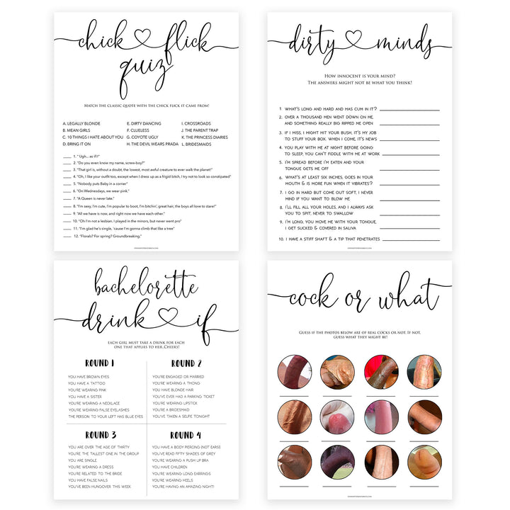 4 bachelorette games, naught bachelorette games, cock or what, drink if, dirty minds game, bachelorette games, bridal shower games